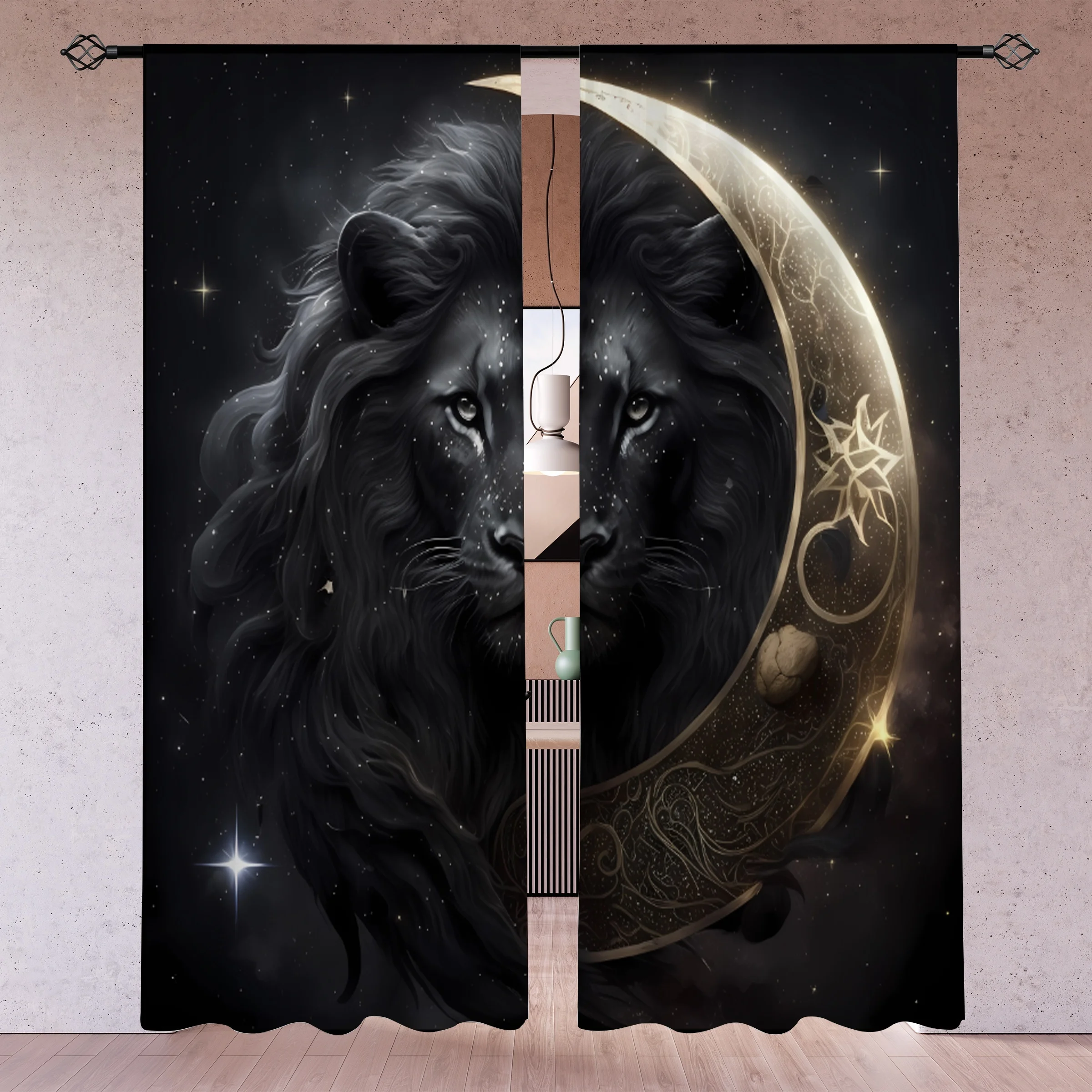 Majestic Lion Moon Galaxy Curtains Dark Aesthetic Space Pattern Drapes for Living Room Bedroom Bohemian Home Decor Window Panel