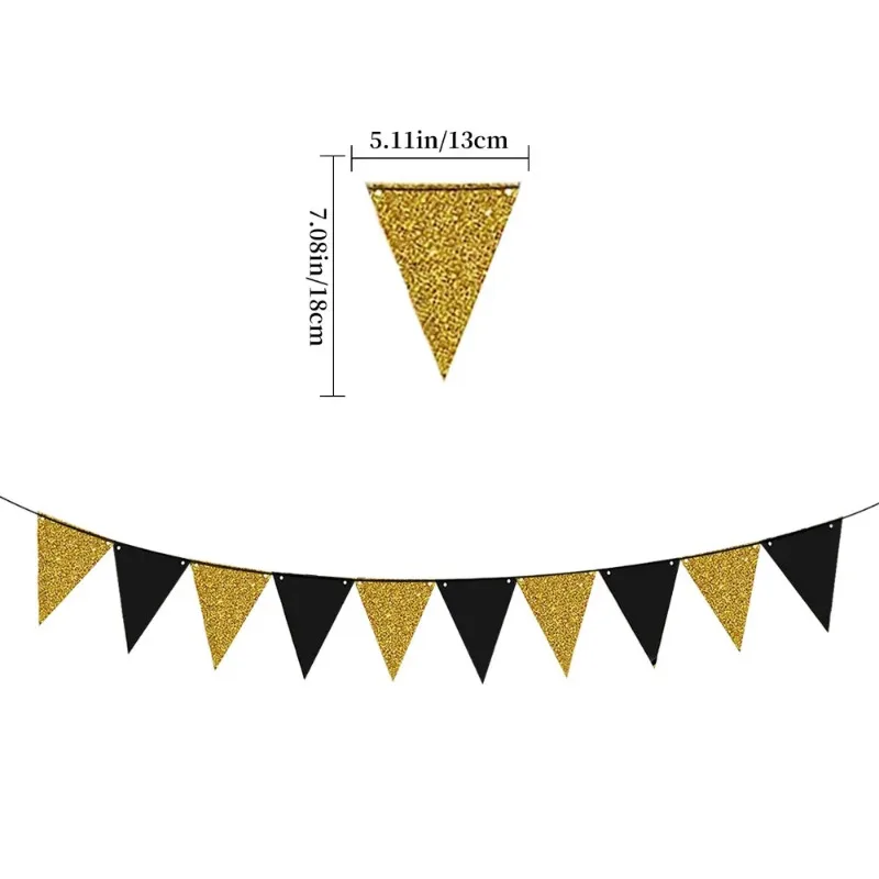 Glitter Black Gold Hanging Triangle Flag Happy New Year Swallowtail Banner Backdrop for New Year Birthday Wedding Party Supplies