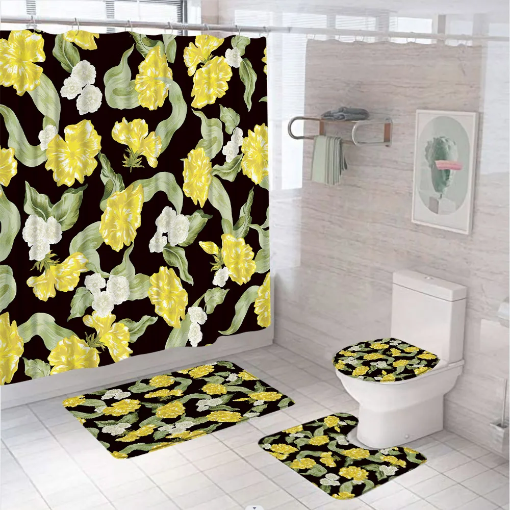 Tropical Green Palm Banana Leaves Monstera Shower Curtain Sets Pink Flowers Bathroom Curtains Non-Slip Rug Toilet Cover Bath Mat