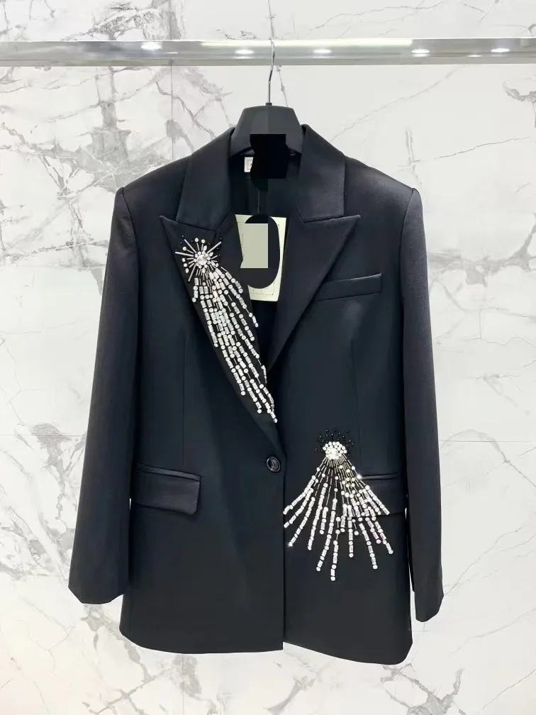 Blazer de lujo con diamantes de imitación para mujer, traje elegante exquisito para oficina, boda y negocios, Top único