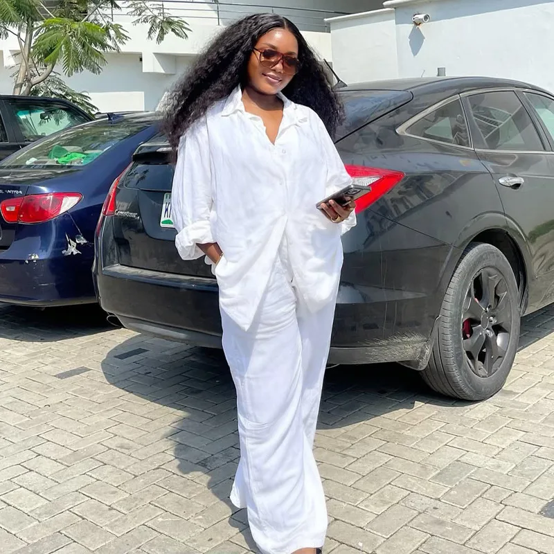 African Oversized 2 Piece Set for Women Summer White Loose Long Sleeve Shirt and Wide Leg Pants Casual Streetwear Loungewear