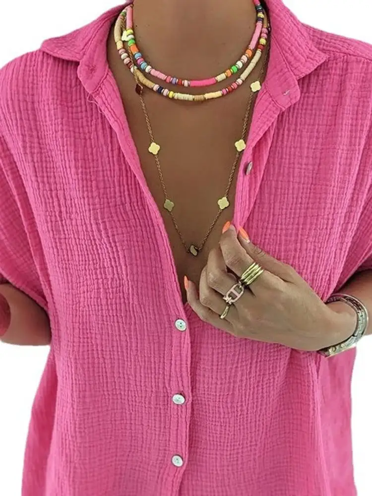 

Pure Color ort Sve irt with Lapel Street Sle Loose Fit Collar Mid-Length Casual Women's Summer irt