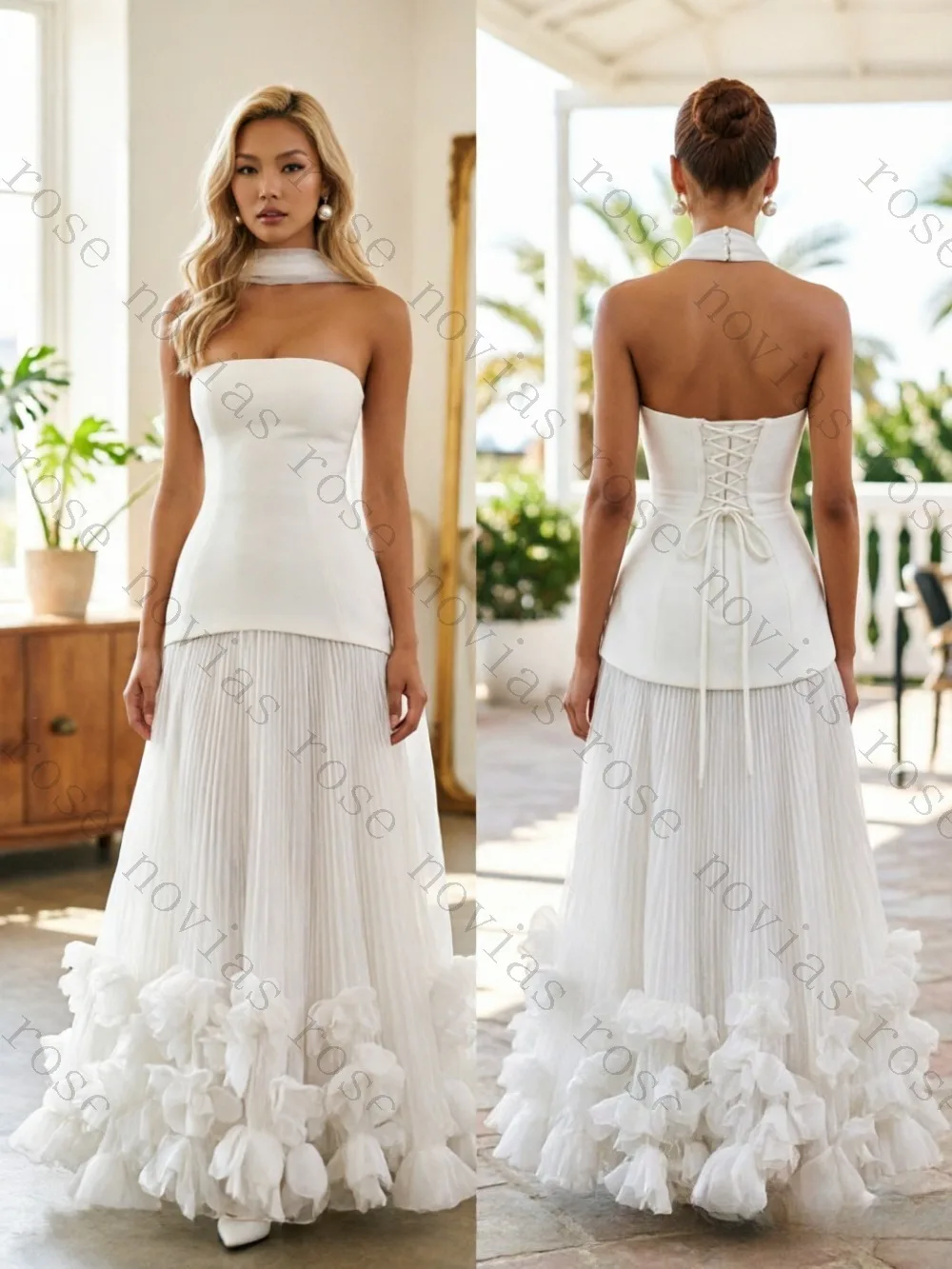 Customized Strapless Tube Top Pleated Chiffon Detachable Neck Scarf 3D Floral Hem Bridal Gown Floor Length Bride Wedding Robe