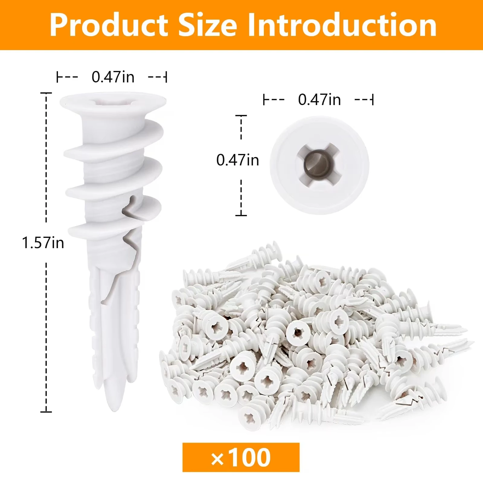 100Pcs Self-Drilling Drywall Anchors Heavy Duty Plastic, No Pre-Drilling for Hanging on Drywall/Sheetrock/Gypsum Board W/O Screw