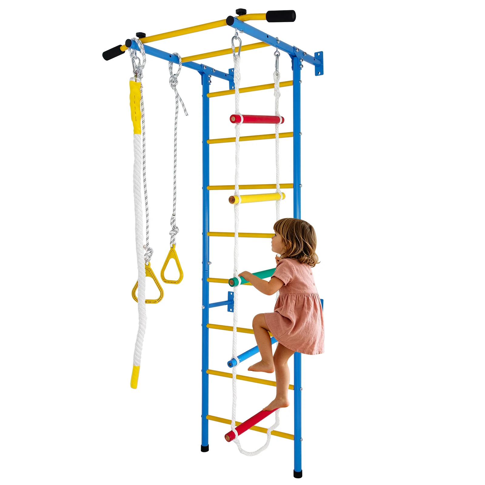 Image of 5-in-1-Klettergerüst für Kleinkinder, Indoor-Kinderturngerät für Übungen, Stahlleiter-Wandset mit Wandleiter, Klimmzugstange, Seil, Turnringe, stabiles Wandset, Kletterleiter, Geschenk für Jungen und