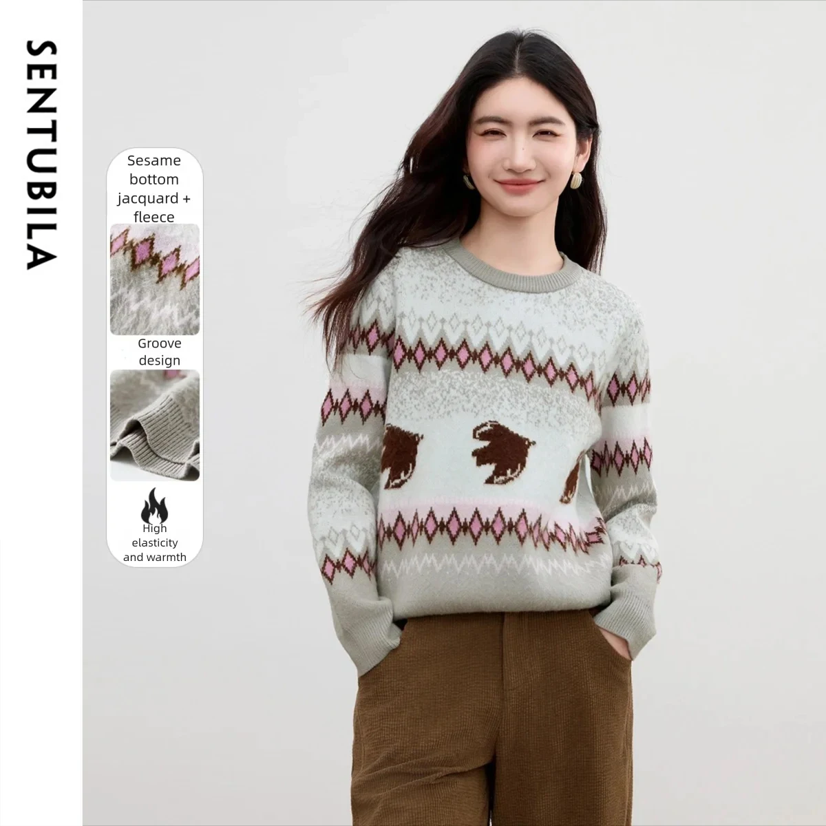 

SENTUBILA ретро свитера с геометрическим рисунком, женские осенние пуловеры с цветными блоками, повседневные жаккардовые женские топы с длинными рукавами, W44E58877