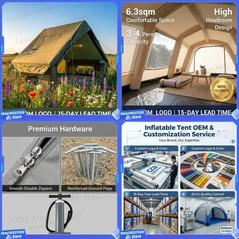 Green Professional Inflatable Hot Tent 6 3sqm Grade 4 Season Shelter with Stove Jack Design Quick Setup Air Tent