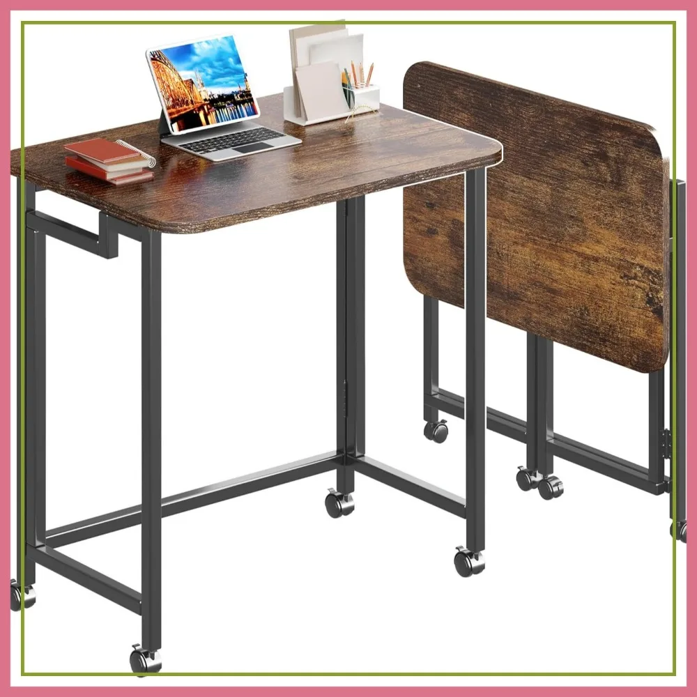 

23.6" Folding Mobile Desk with Wheels, Small Rolling Laptop Cart for Home Office, Rustic Brown Black