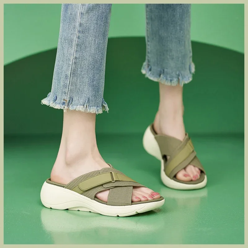 2024 Summer Women 2cm Platform 5cm High Heels Slippers Lady Fashion Lightweight Leisure High Heels Female Green Barefoot Shoes