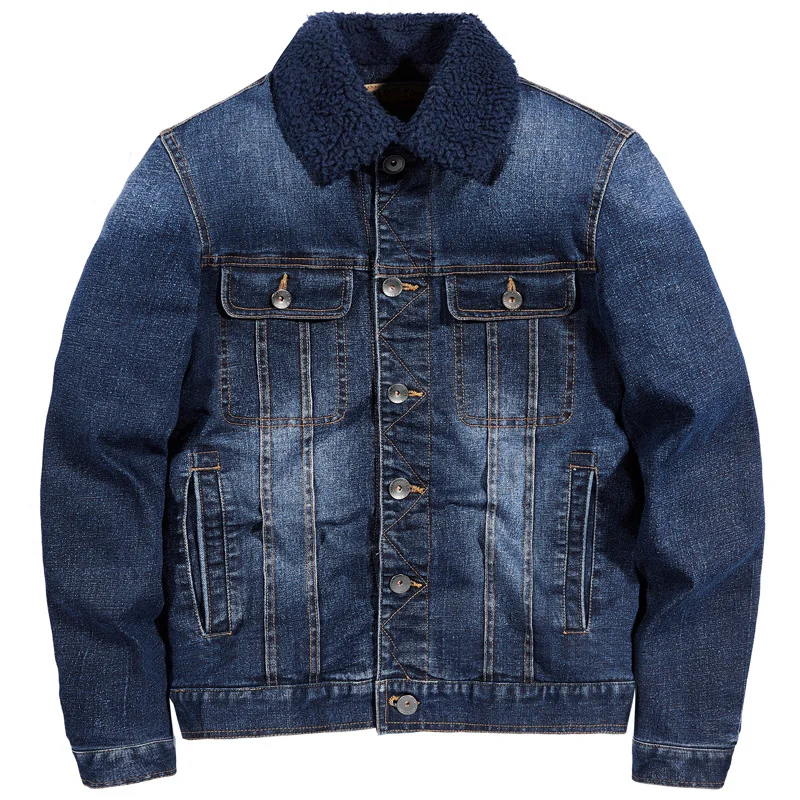 

Winter Denim Jacket Mens Fleece Thickened Wool Collar Coat Streetwear Cotton Warm Outerwear Male