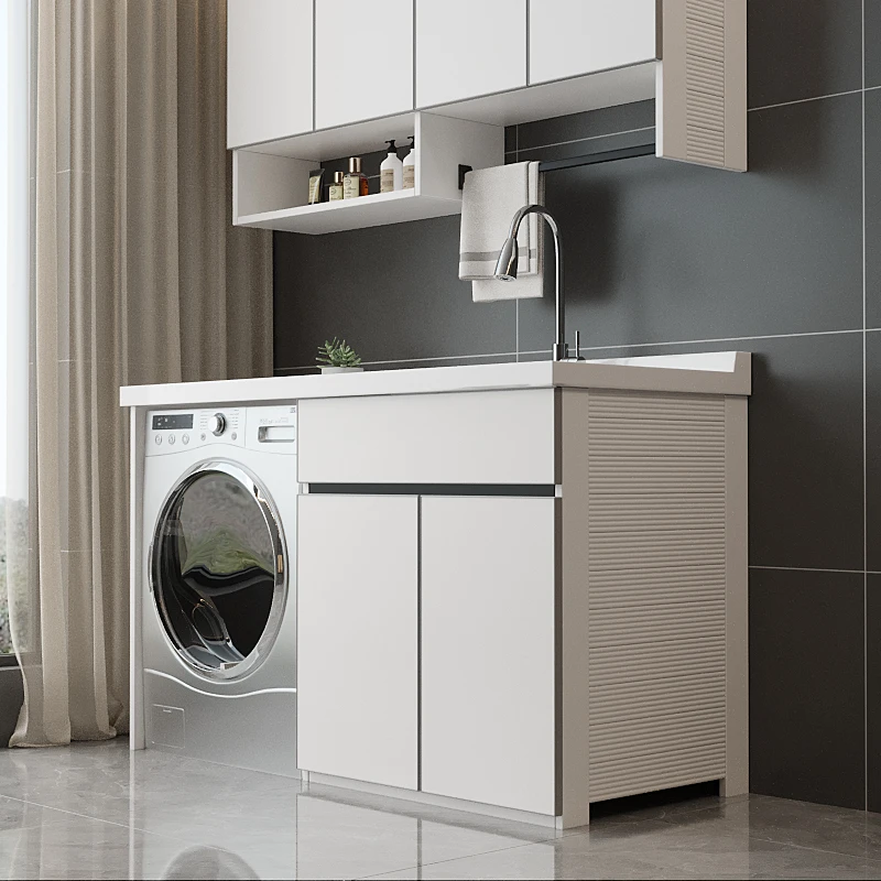 YS-1  Space Aluminum Balcony Washing Machine Cabinet Integrated Hand Washbasin Cabinet With Rubbing Board