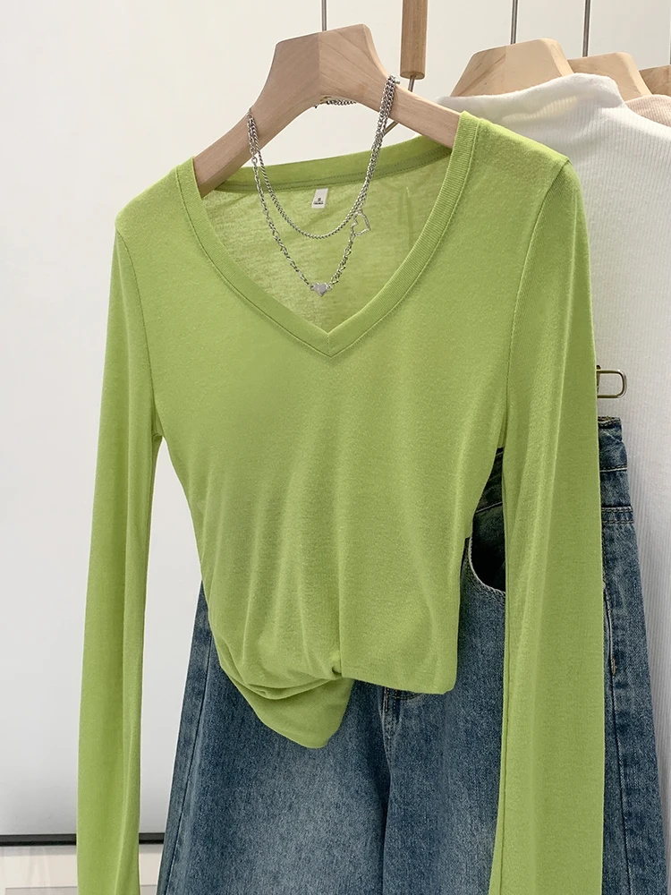 White V-neck T-shirt Women's Slim Fit Micro-transparency Back Hollow out Sunshade Top Spring Autumn New Design Sense