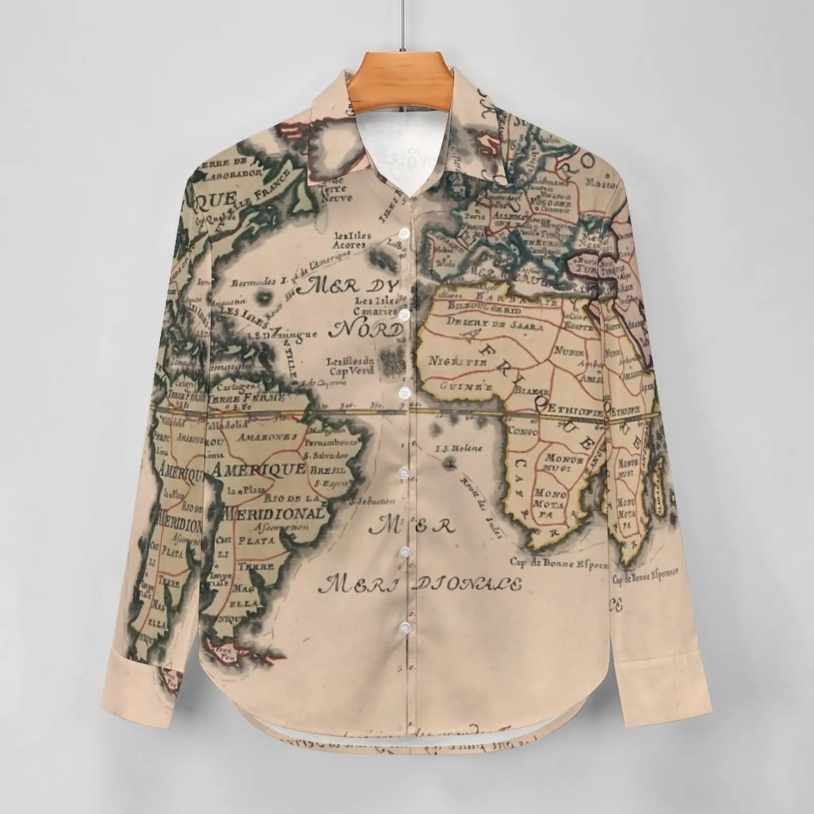 Old World Map 1714 Blouse Country Map Modern Graphic Blouses Womens Streetwear Shirts Summer Long Sleeve Oversized Top