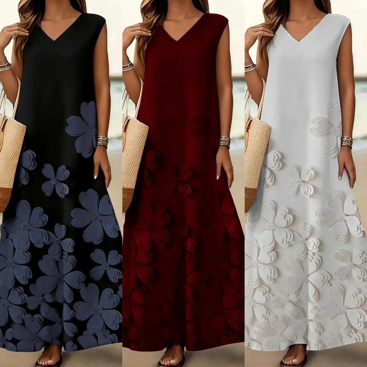 V Neck A Line Dress Women Sleeveless Floral Print Long Dresses Spring Summer Casual Vacation