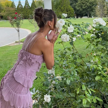 Chic pleated halter neck long vacation dress high quality purple strapless Lotus Edge Maxi Dress 2026 New Lady Vacation Gowns 4