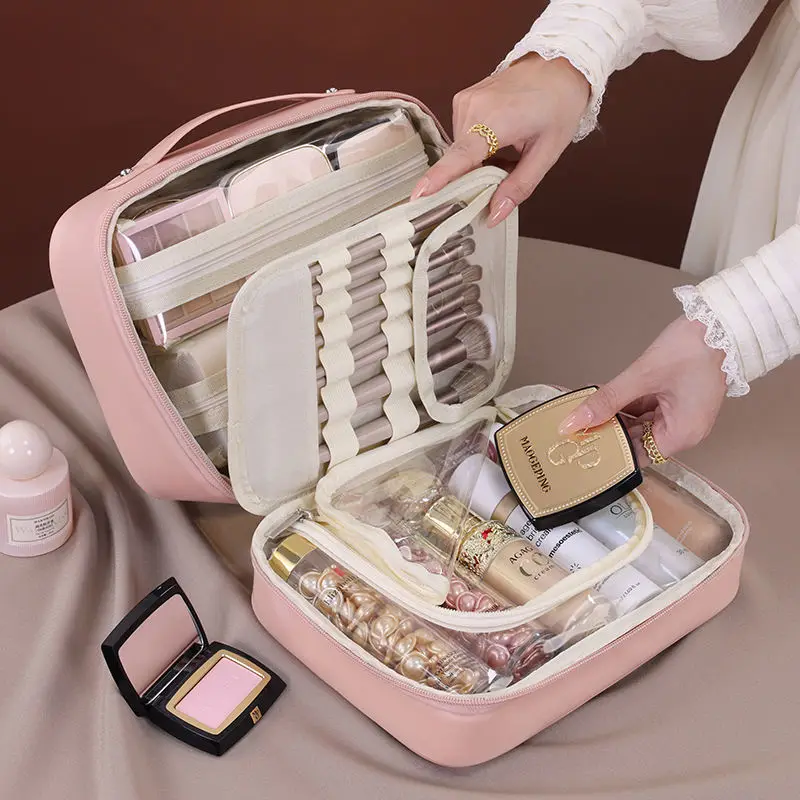 Women PU Leather 3 in 1 Makeup Bag Double Layer Travel Makeup Cosmetic Bag With Zipper Multi-Compartment Toiletry Organizer