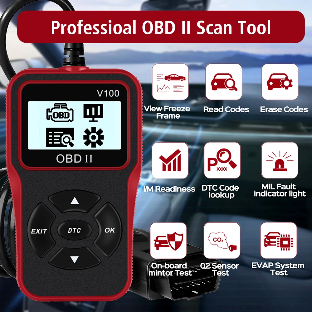 ユニバーサルOBD2スキャナー 車両診断ツール V100 OBD2コードリーダー 16ピンデジタルディスプレイ