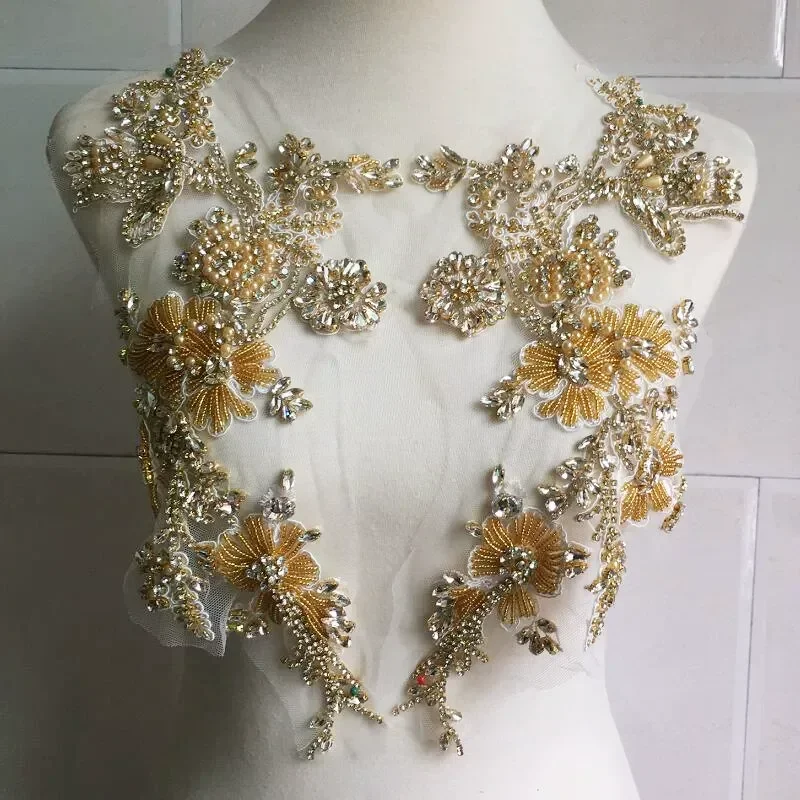 Handmade Symmetrical Flower Bead Applique Gold White Glass Pearl Heavy Industry Wedding Dress Skirt Decoration