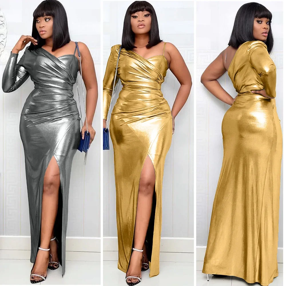 Women Split One Shoulder High Slit Maxi Dress Metallic Bodycon Long Dress Silver Golden Evening Club Party Vestidos  2X