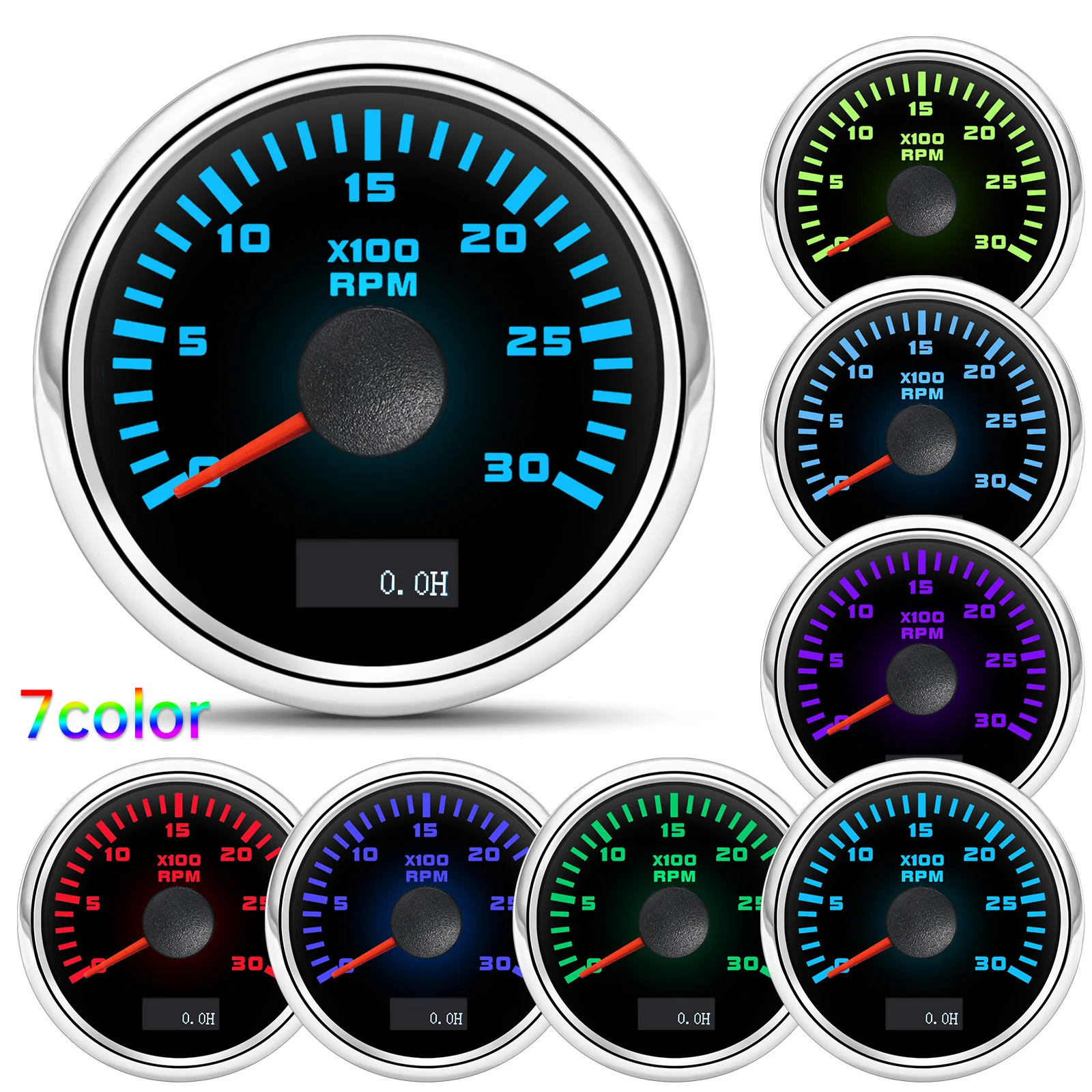 52mm Tachometer 7 Color Backlight Waterproof Digital LCD Hour Meter for Car Marine Boat Yacht 12V 24V