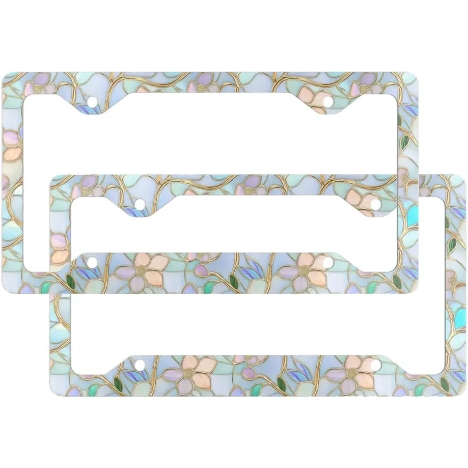 

Рамки для номерных знаков из витражного стекла с цветочным узором, 2 штуки, красочный дизайн с полевой цветочной тематикой, с винтами и заглушками