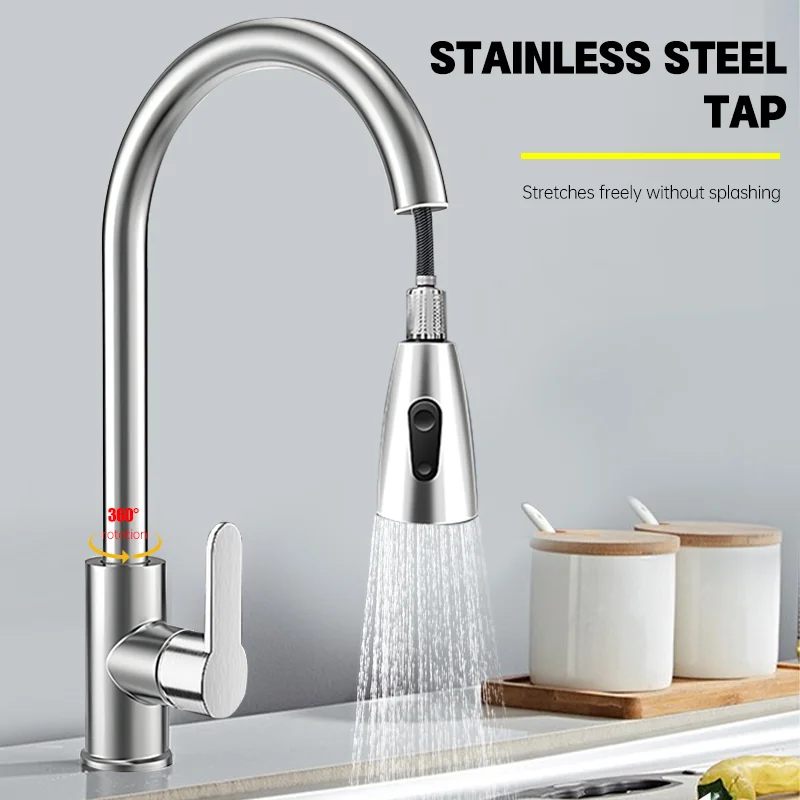 

Pull Out Kitchen Sink Water Tap Deck Mounted Mixer Stream Sprayer Kitchen Faucets Brushed Nickel Head Hot Cold Taps Sliver