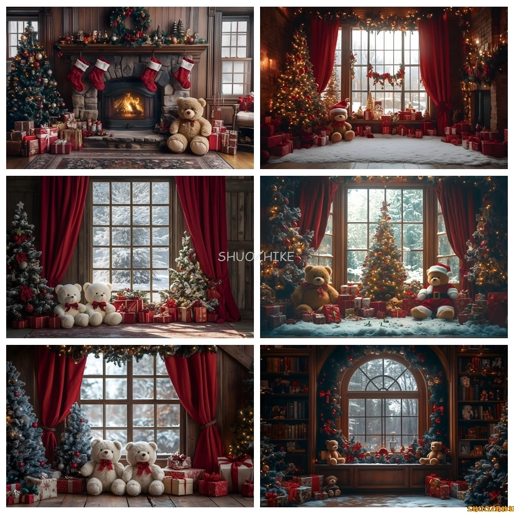 

Indoor Fireplace Christmas Tree Teddy Bear Decoration Kids Portrait Family Photo Background Xmas Party Studio Photography Backdr