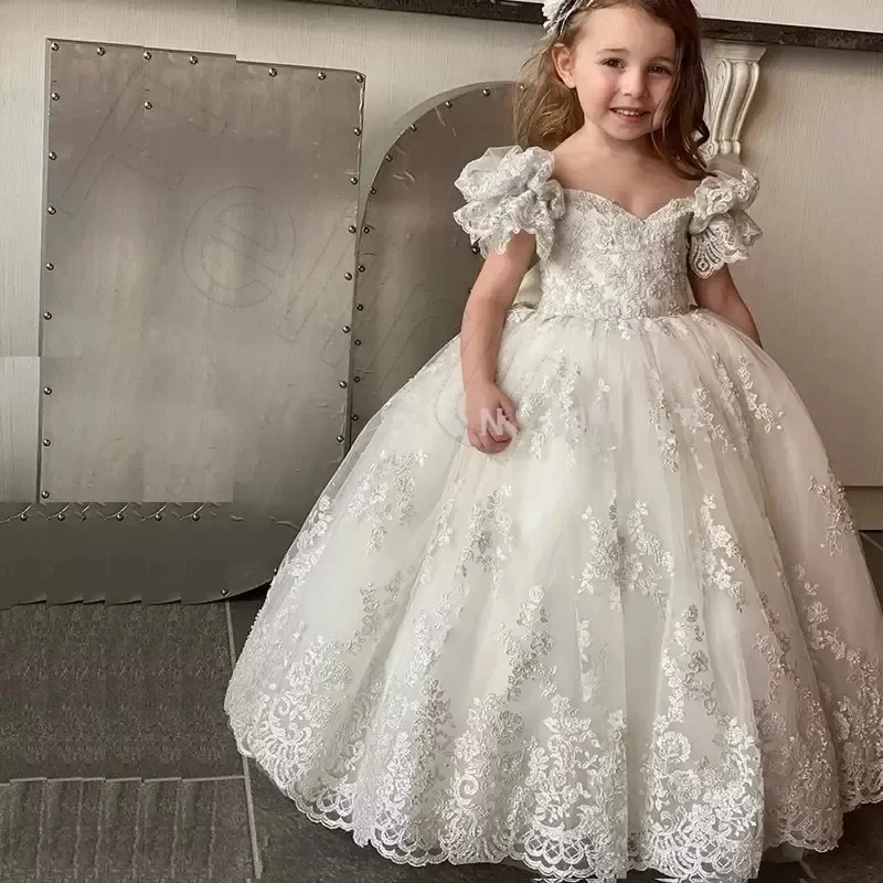 Vestidos da menina de flor para o casamento rendas fora do ombro inchado manga curta comunhão dama de honra marfim aniversário batismo vestidos de baile