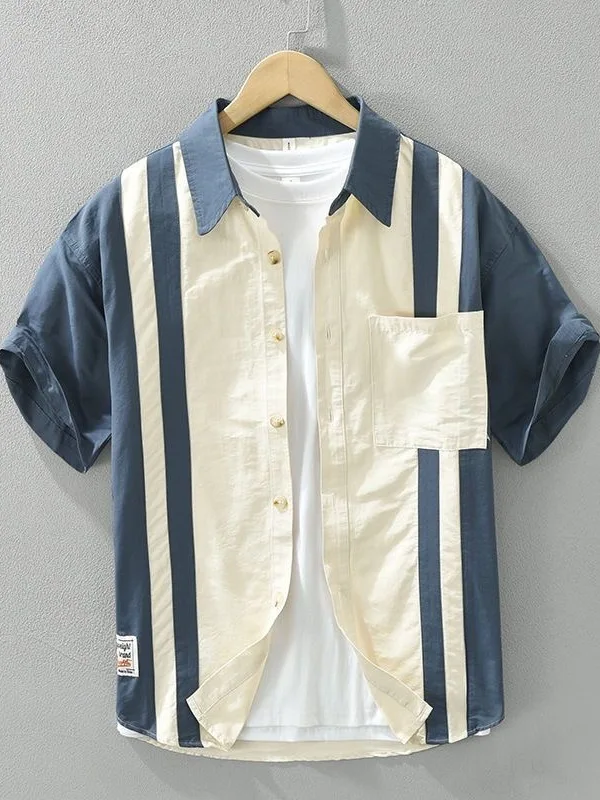 Loose Casual Summer Shirt Men's Short Sleeve Patchwork Color Block Breathable Lightweight Polyester Fiber Versatile Half Sleeve
