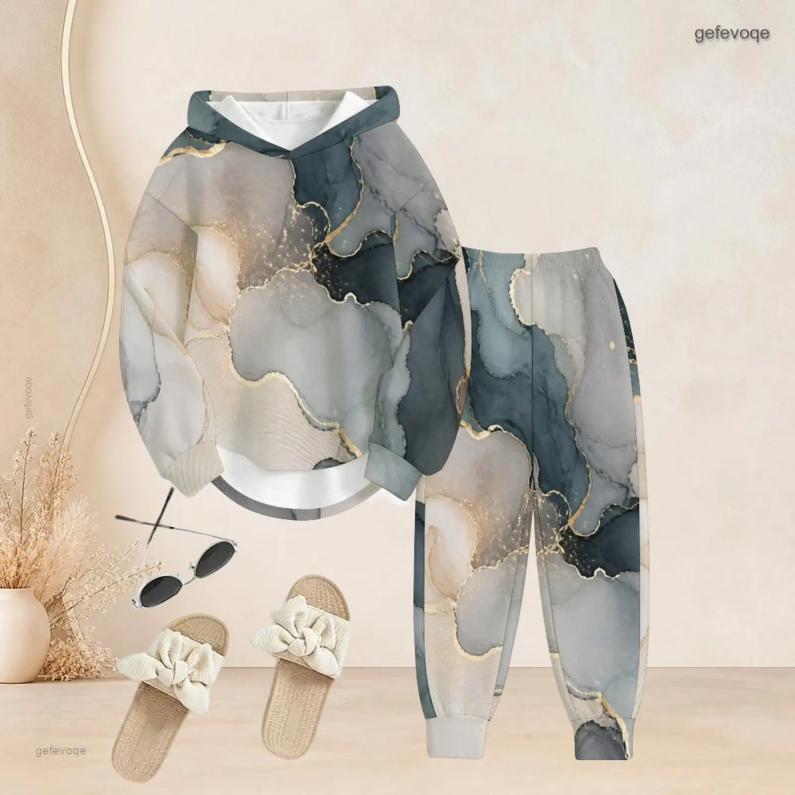 Women Abstract Print Long Sleeve Hooded Top and Cuffed Pants Two Piece Set