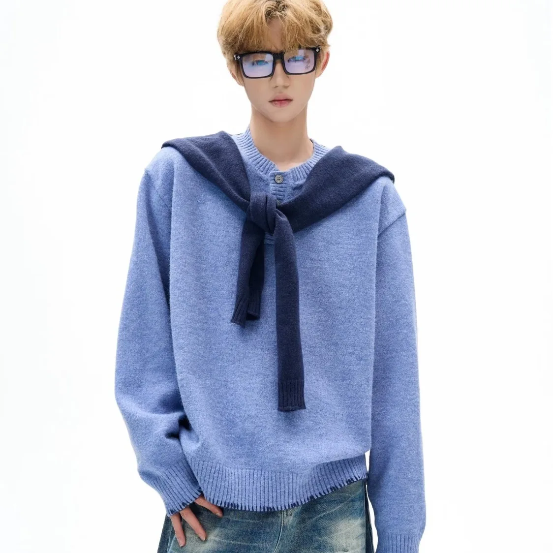 

Мужской вязаный топ «фейк-двойка» в корейском стиле, весна 2026, ранний сезон, цветной блок, с эффектом омоложения, трендовый