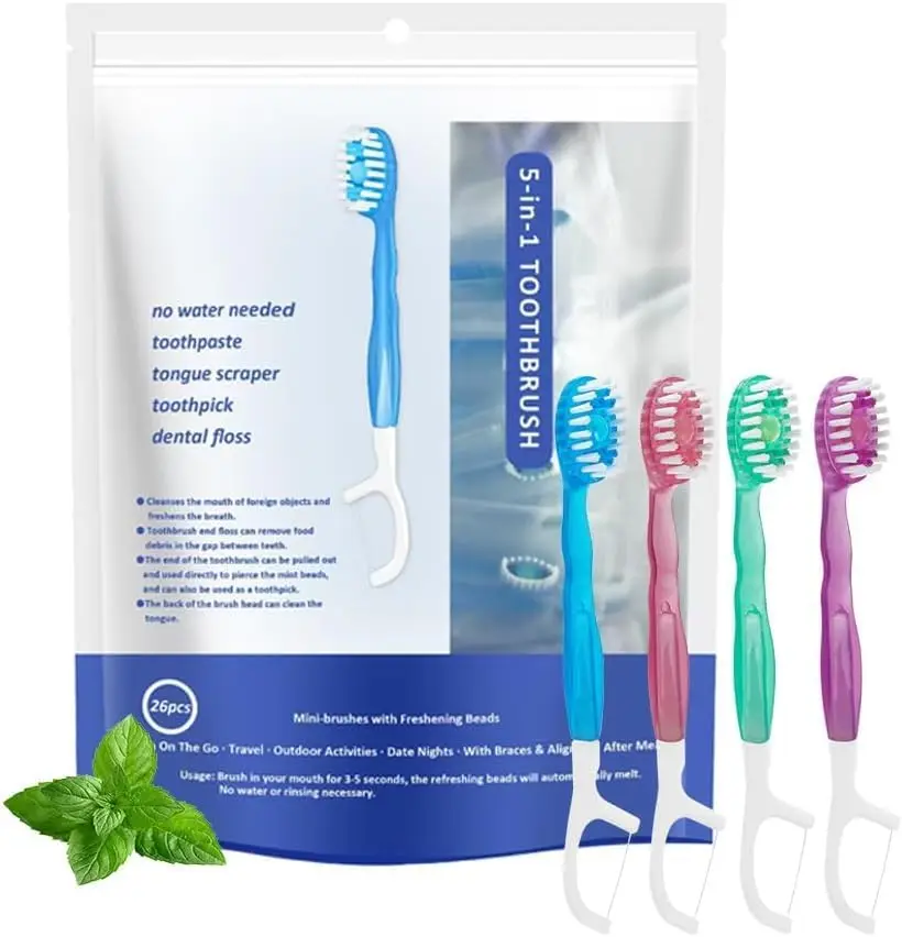 

26-Pack Mini Disposable Toothbrushes with Toothpaste, 5-in-1 Travel Set with Tongue Scraper, Picks & Floss, Mixed Flavors