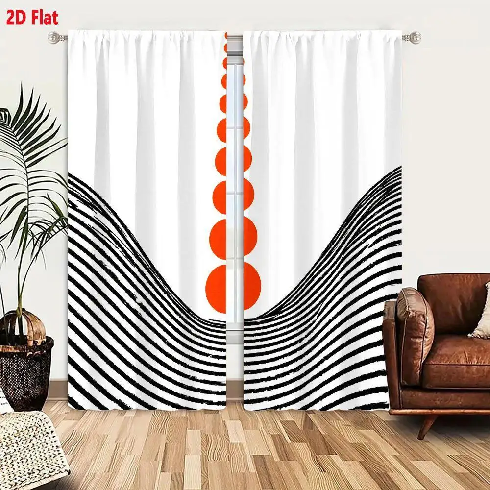 Modern Abstract Geometric Wave Stripe Curtains Set Black White Orange Pattern 2pcs Living Room Window Drapes Decoration Home Dec