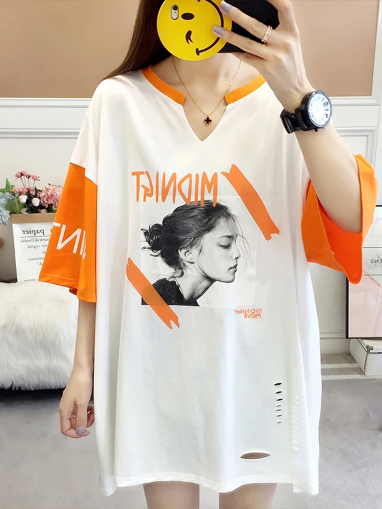 Summer Wear Women's Letter Printed T-Shirt Mid-Length O-Neck Colour Blocking Patchwork Rips Short Sleeve Top Model Tees 2024