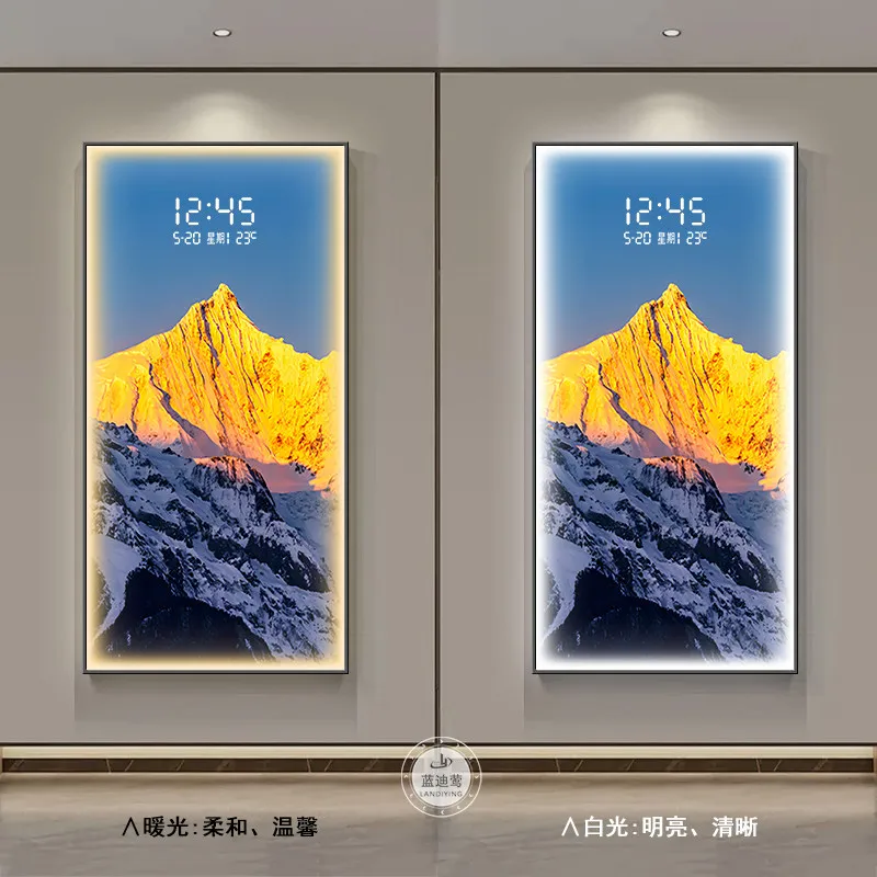 Electronic clock display in the corridor with hanging paintings of the Meili Snow Mountain and the sunlit golden mountain, along
