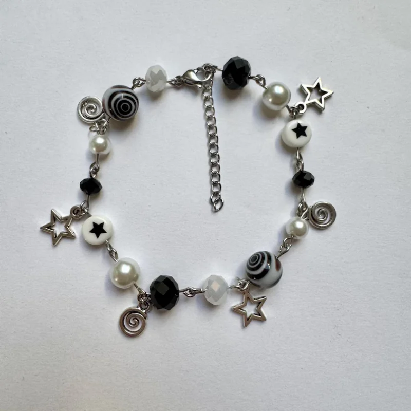 المتخصصة ستار حبة سلسلة الحب دوامة رائعة المتخصصة تصميم اليدوية سوار قابل للتعديل الأسود موضوع Y2K موضوع سوار