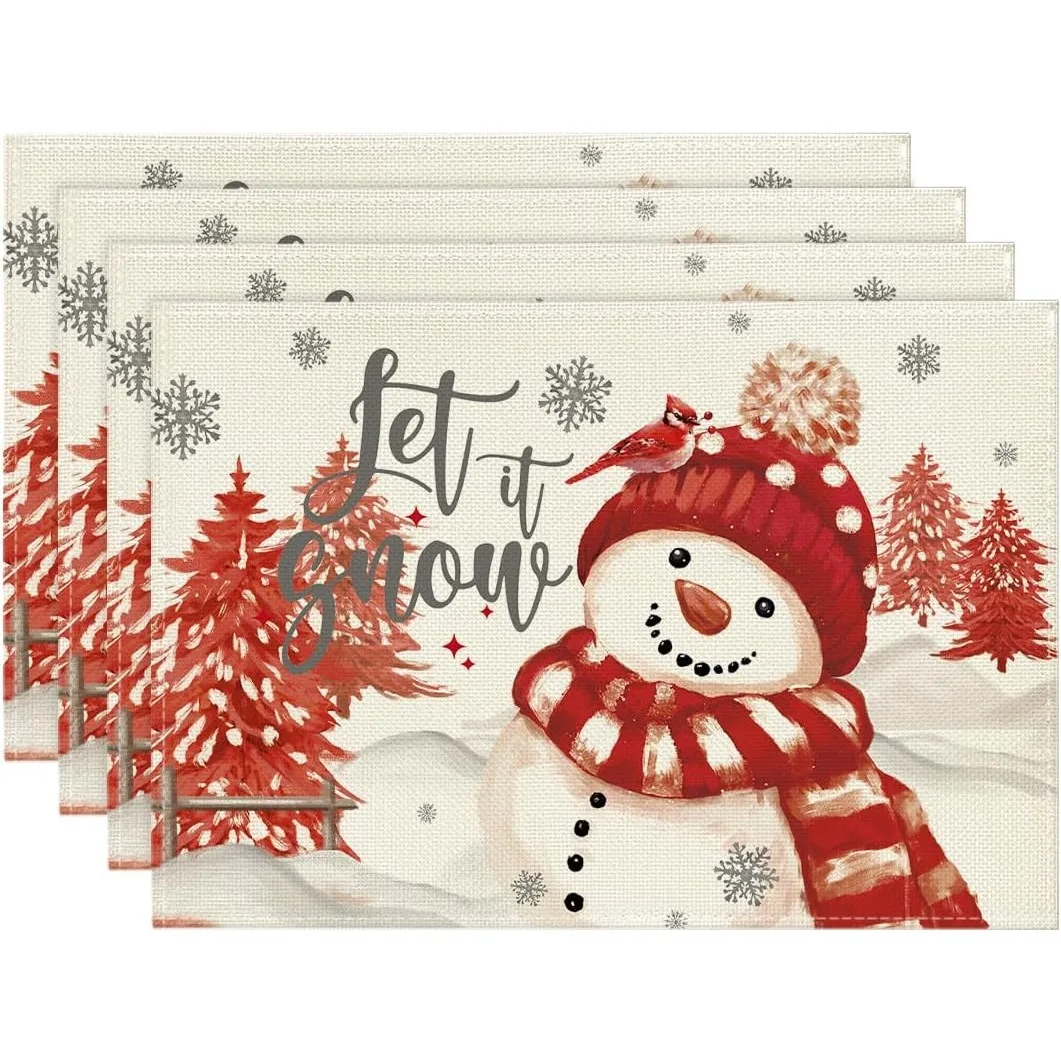 Xmas Trees Let It Snow Blue Snowman Christmas Placemats Set of 4 12x18 Inch Winter Table Mats for Party Dining Decoration