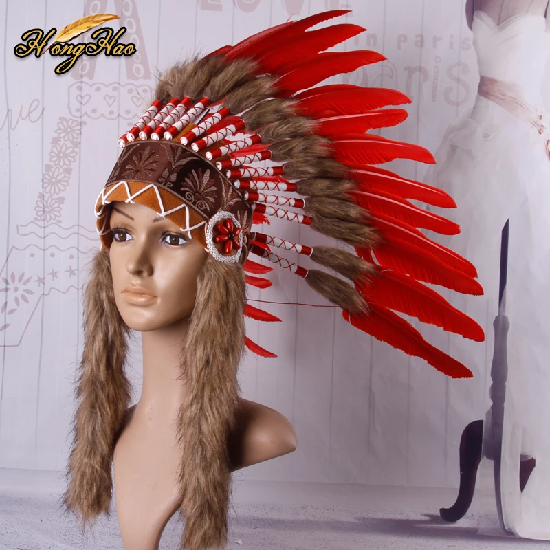 

Handmade Indian Feather Headdress Red Goose Plumas Costume Chief Feather Hat Headband Carnival Party Bonnet Halloween Decoration