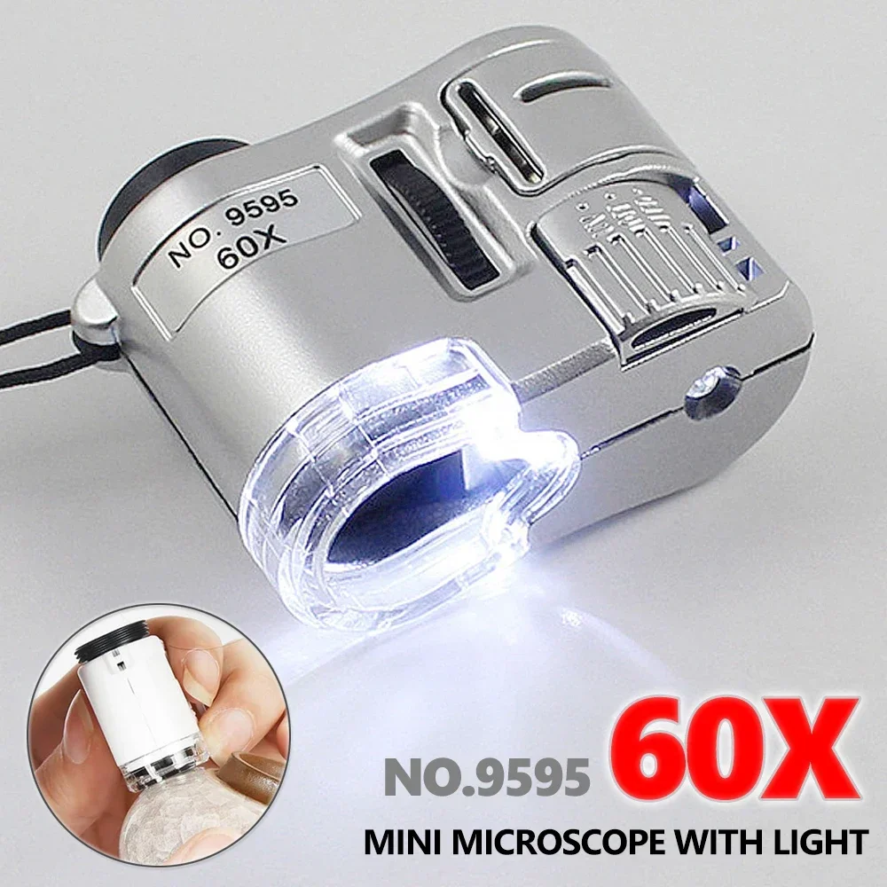 

60X Illuminated Magnifying Glass with Light Lamp Led Mini Pocket Microscope Portable Hand Jeweler Magnifier Lupe Loupe Tools