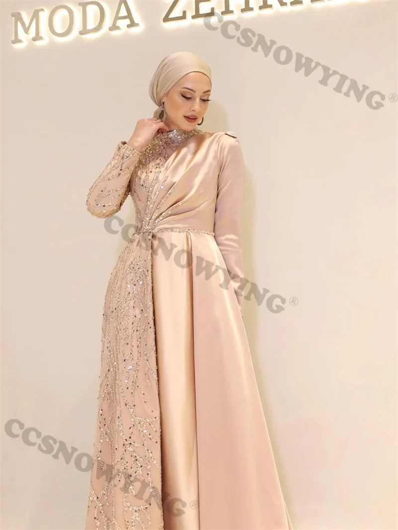 Muslimische Applikationen Perlen Abendkleider Arabisch Dubai Satin Langarm islamische Abschluss ball formelle Party kleid Frauen Roben de Soirée