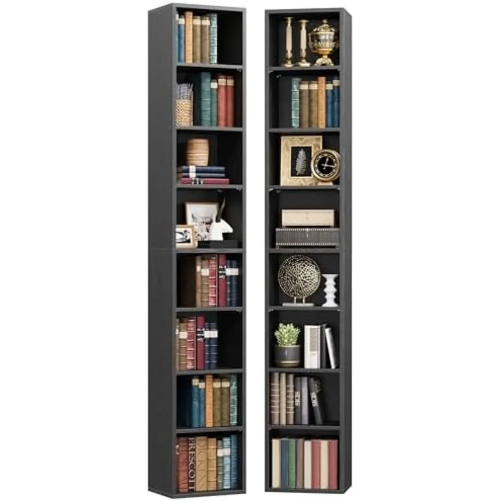 Tall Narrow Bookshelf 8 Tiers 71in Set of 2, Compact Corner Bookcase | 4 Adjustable Shelves. Compact Corner-fit Design
