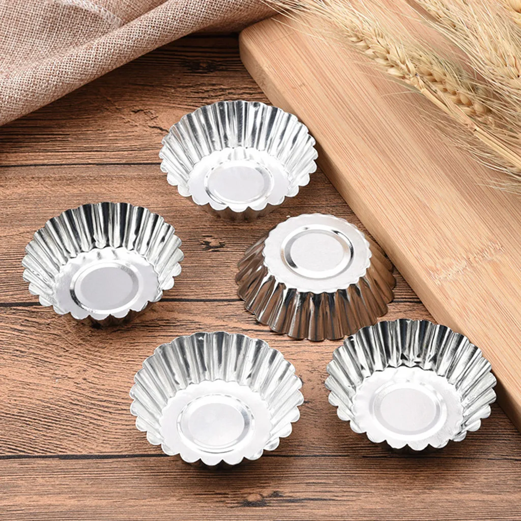 50pcs Reusable Non-stick Ripple Egg Tart Mold Aluminum Alloy Flower Shape Cupcake Mold Pudding Jelly Mold Muffin Baking Cup