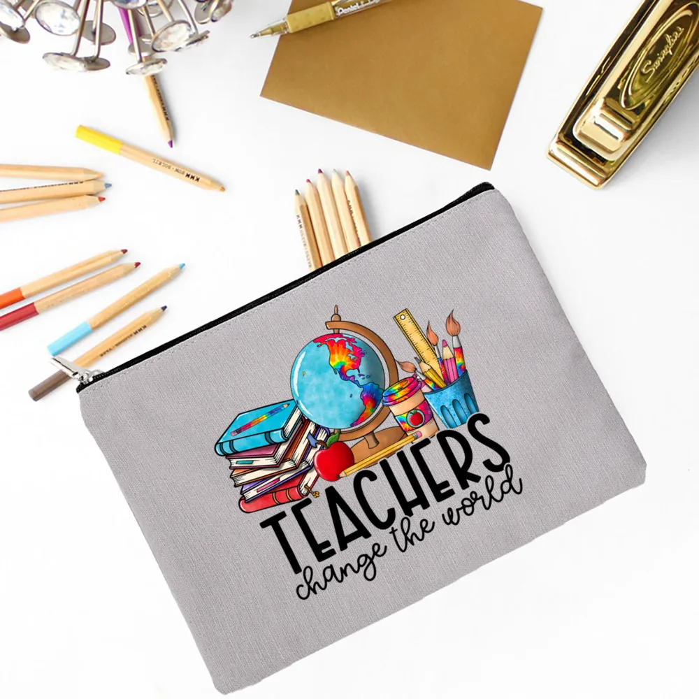 Teacher Change The World Print Cosmetic Bag Supplies Storage Bags Travel Wash Pouch Pencil Case School Stationery  Teacher Gift