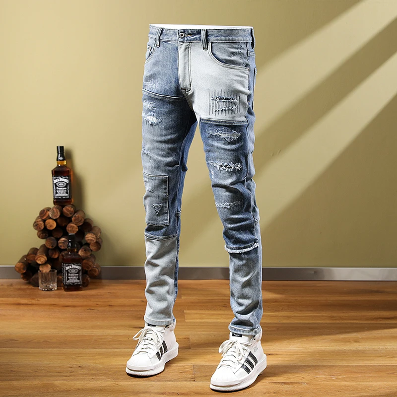 Street Fashion Men Jeans Retro Blue Elastic Stretch Skinny Fit Spliced Ripped Jeans Men Patched Designer Hip Hop Pants Hombre