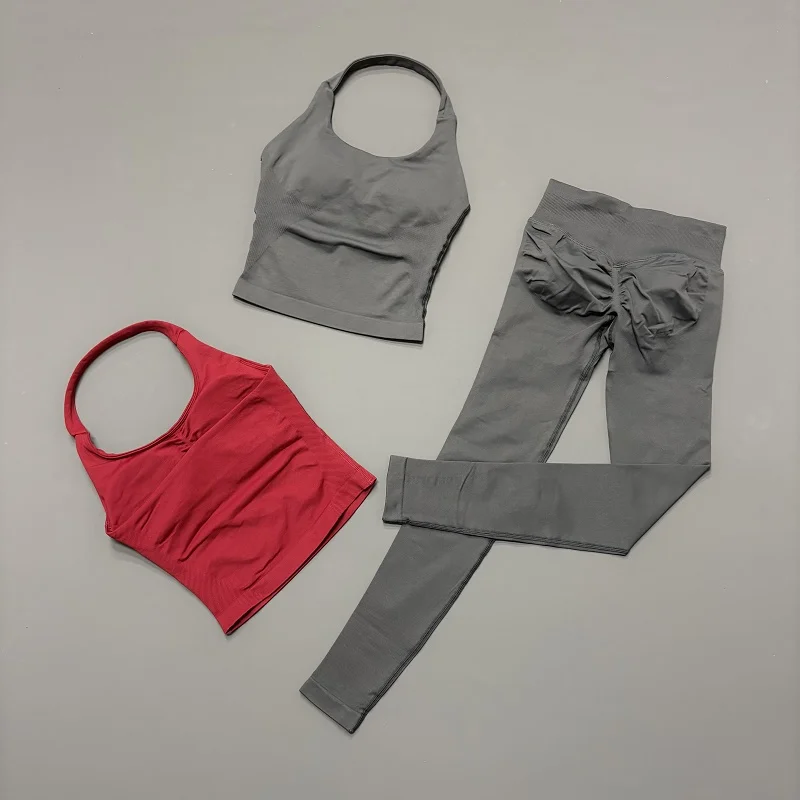 2PCS Halter Neck Sportswear Set Women Seamless Yoga Sports Bra Butt Lifting Leggings Running Workout Gym Fitness Tracksuit
