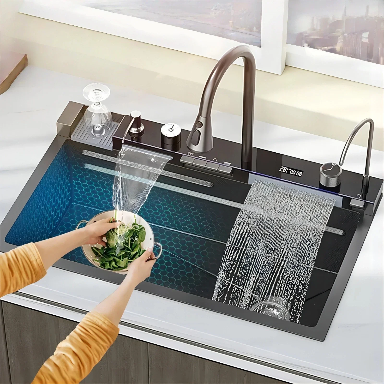 

Single-slot Stainless Steel 304 Kiten Household Dishwasher Sink Vegetable Basin Emed Digital Display Feiyu Waterfall Sink