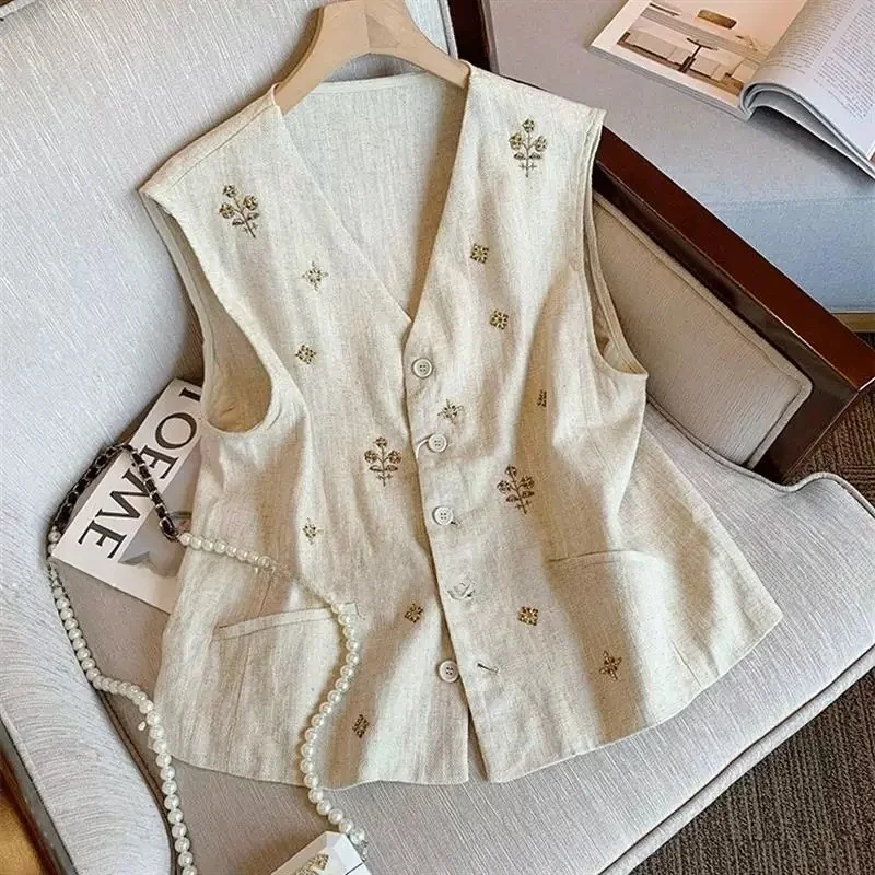 

Stunning Summer Linen Vest Women's Svel V-Ne Original Hemp Color Vest Top Money-Saving Embroidered Faion