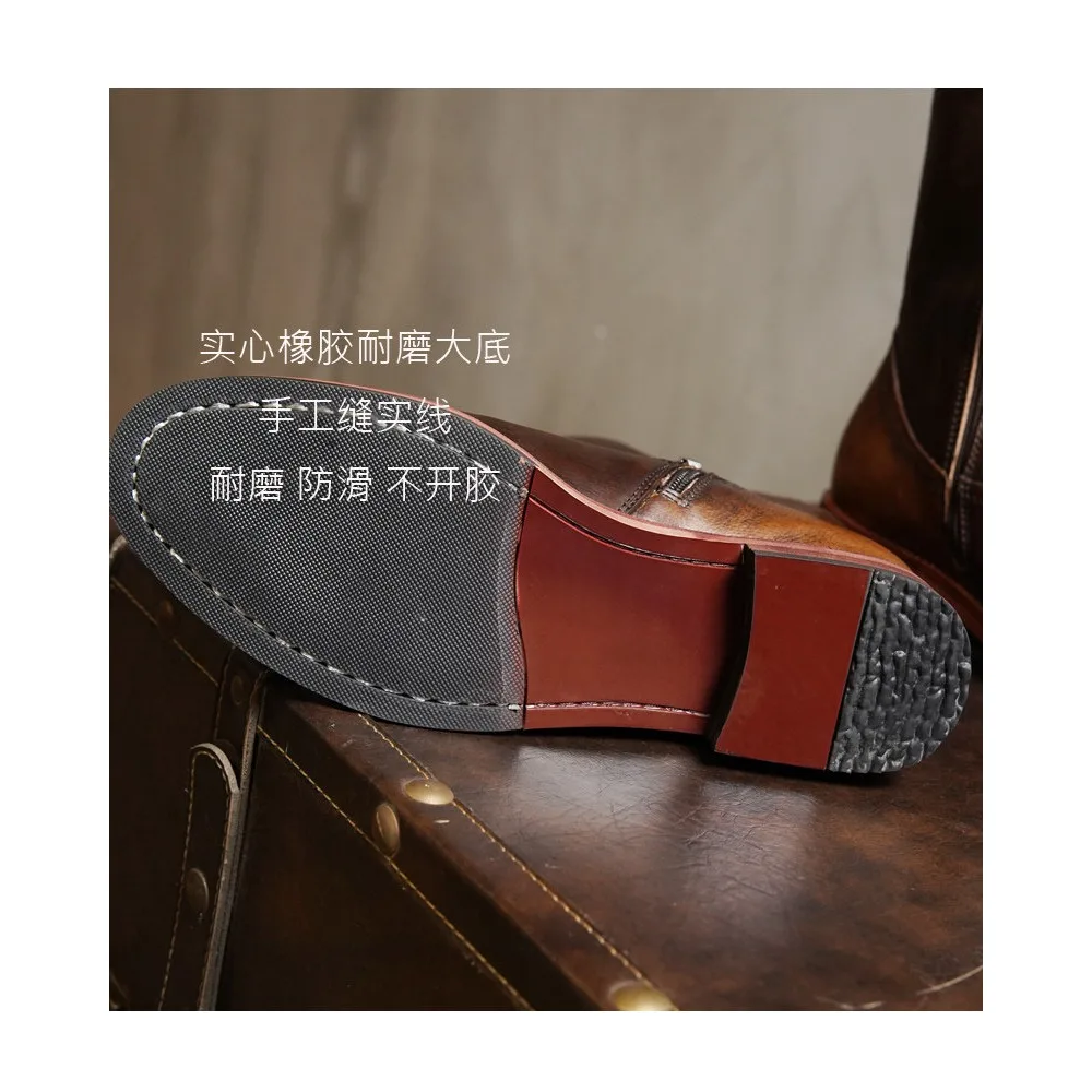 Fashion Genuine Leather Men's Motorcycle Boots High Quality Desert High-Top Shoes Side Zipper Mid-calf Western Riding Boots