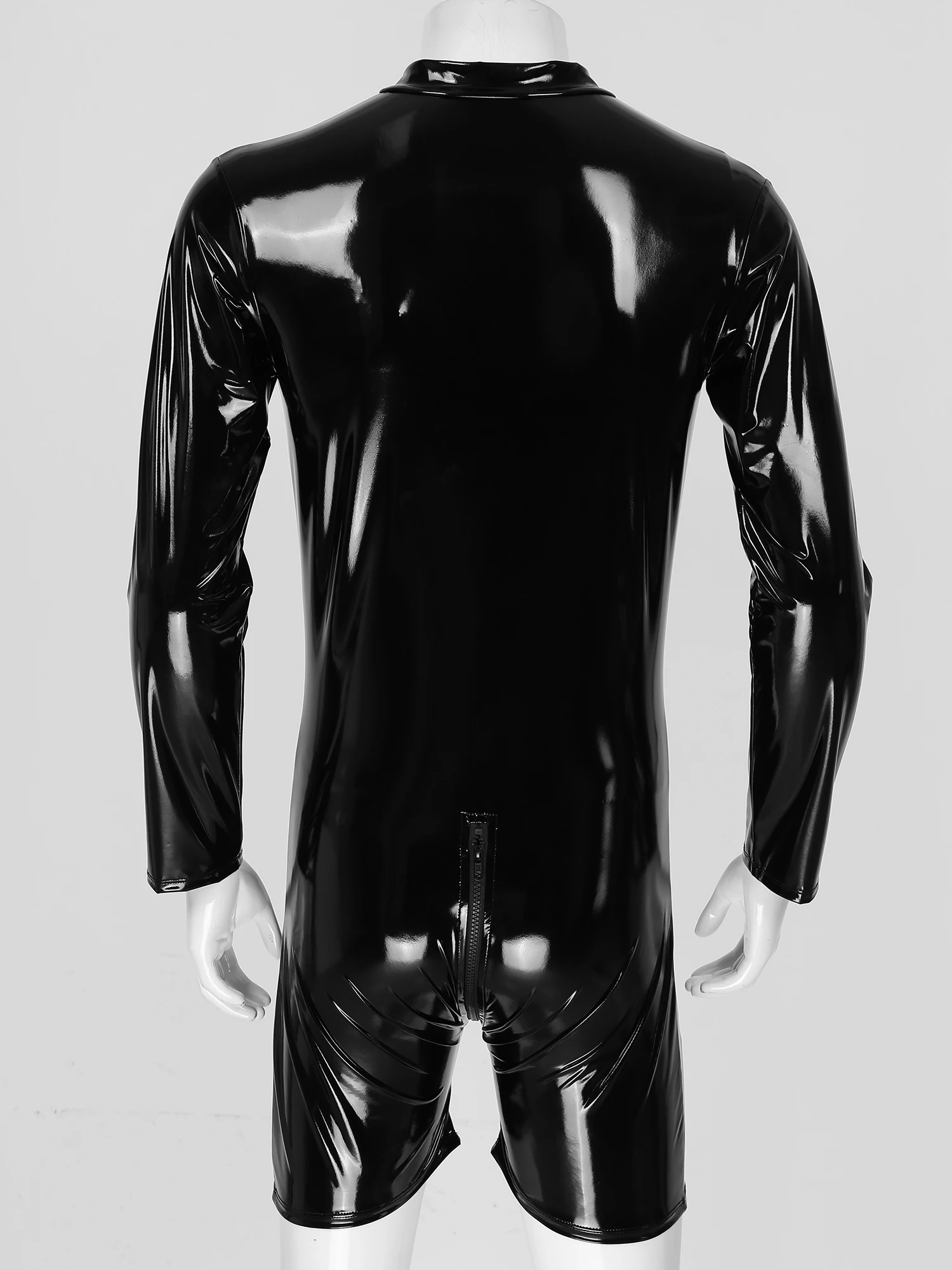 Mens Wetlook Patent Leather Leotard Latex Mock Neck Zipper Jumpsuit Long Sleeve Bodysuit Party Nightclub Stage Show Clubwear