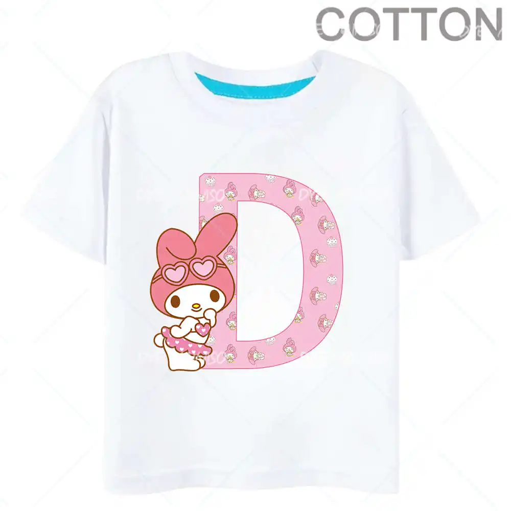 Camiseta de Algodão Kawaii infantil, Melodia, Carta Anime, ABCD, Camisetas de Combinação de Nome, Cartoons Brancos, Criança, Casual, Garota, Garoto, Harajuku